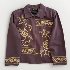 Julia Kim VTG 90s Canvas Embroidered Coat Mauve Brown XL Cottage Boho Festival